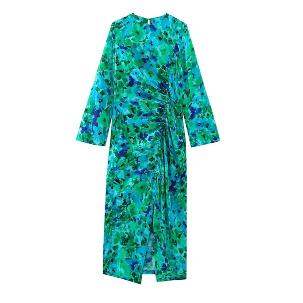 Women Front Ruched Floral Print Midi Dress