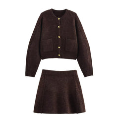 Women Winter Breasted Knit Jacket + Skirt Co Ord
