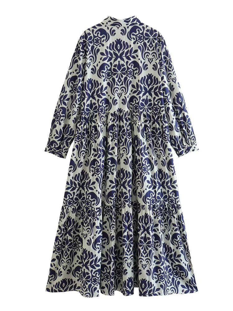 Woman Vintage Lapel Front Button Ruffle Dress