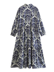 Woman Vintage Lapel Front Button Ruffle Dress