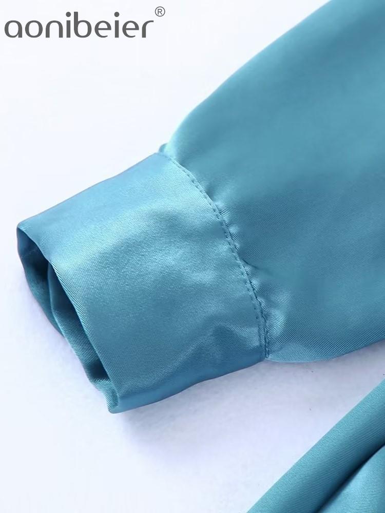 Women Casual Long Sleeve Button-Up Satin Dress