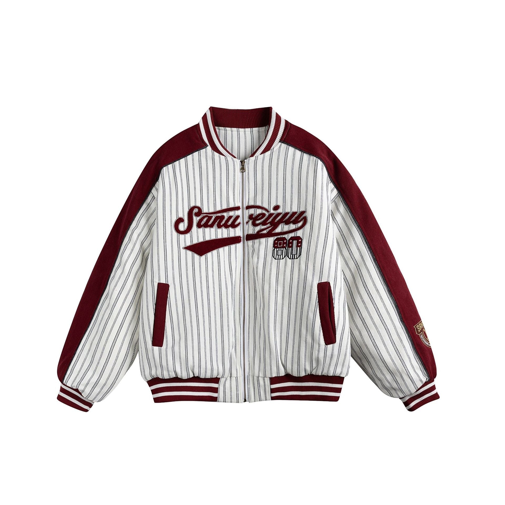 Unisex Letter Embroidered Striped Cotton Varsity Jacket