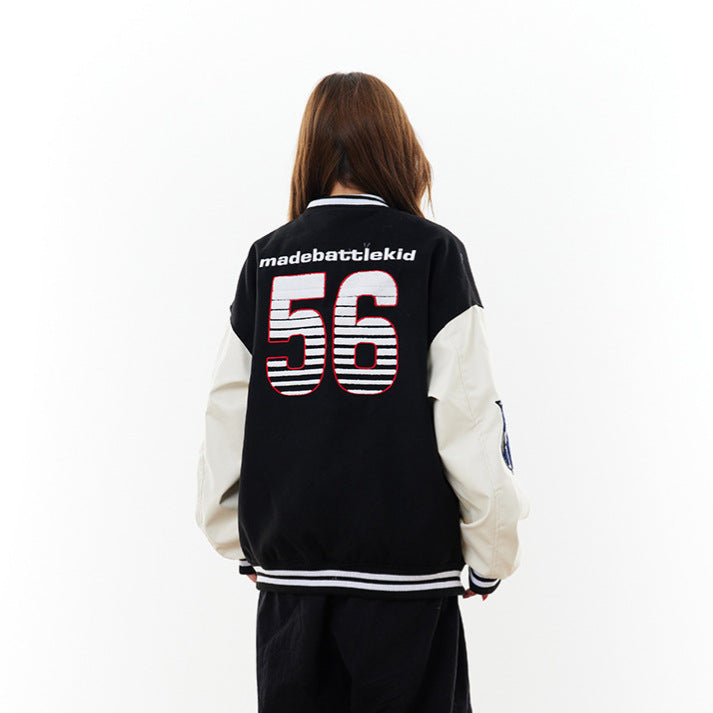 Women Leather Patchwork Contrasting Baseball Jacket