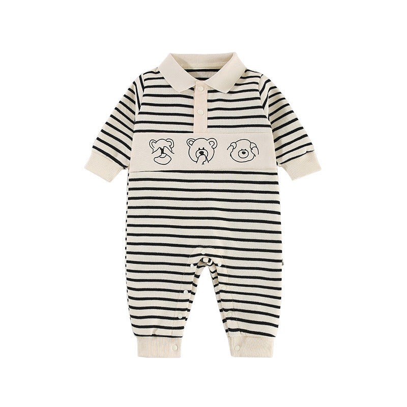 Newborn Boy Baby Striped Bear Lapel Baby Onesie