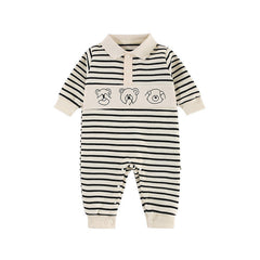 Newborn Boy Baby Striped Bear Lapel Baby Onesie