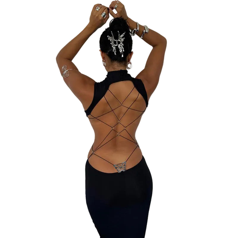 Women Bareback Sexy Butterfly Strap Dress