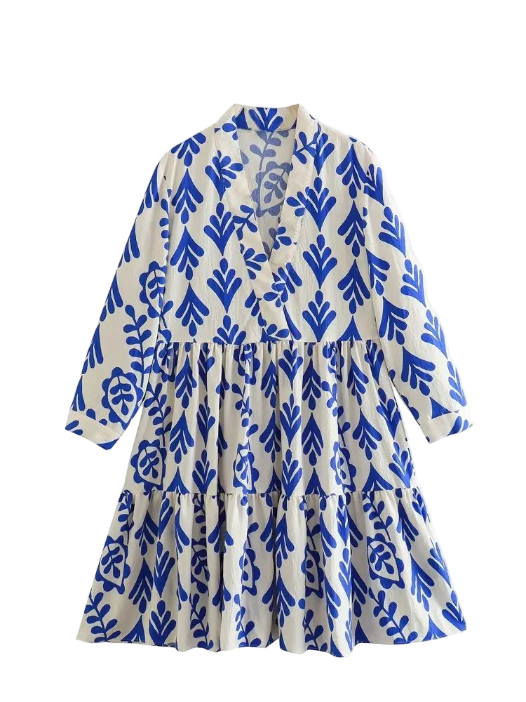 Women Casual Printed A-Line V Neck Tiered Mini Dress