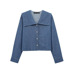 Women Casual Breasted Flat Collar Denim Shirt