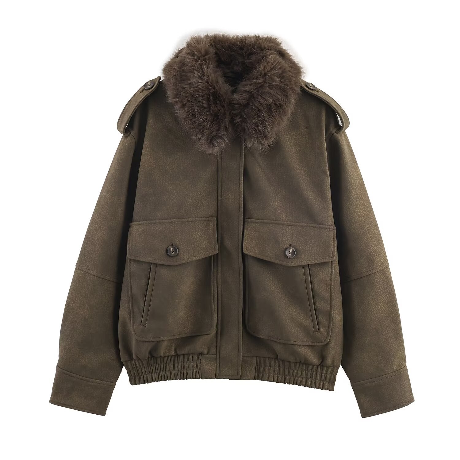 Women Leather PU Detachable Fur Collar Jacket