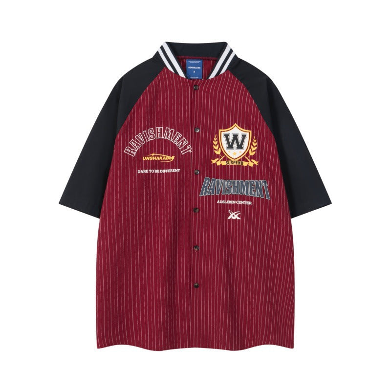 Men Sports Badge Baseball Collared Striped Shirt