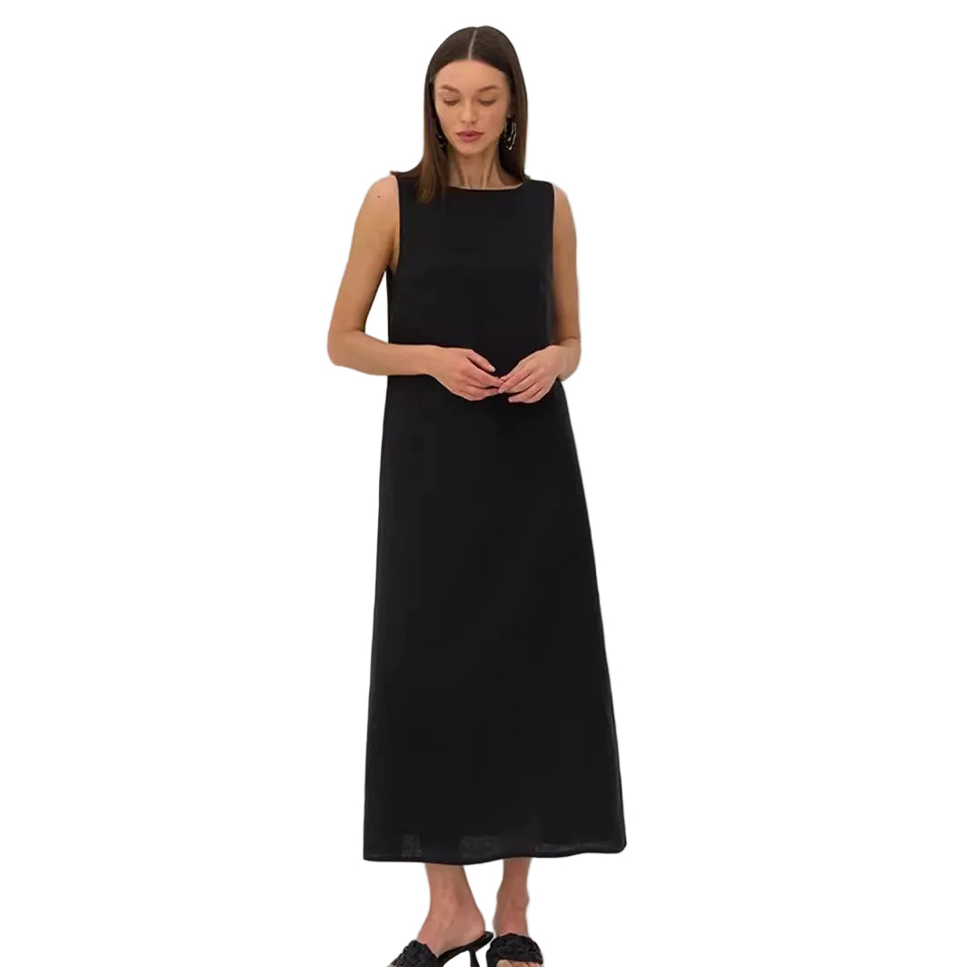 Women French Loose Cotton Linen A-Line Dress