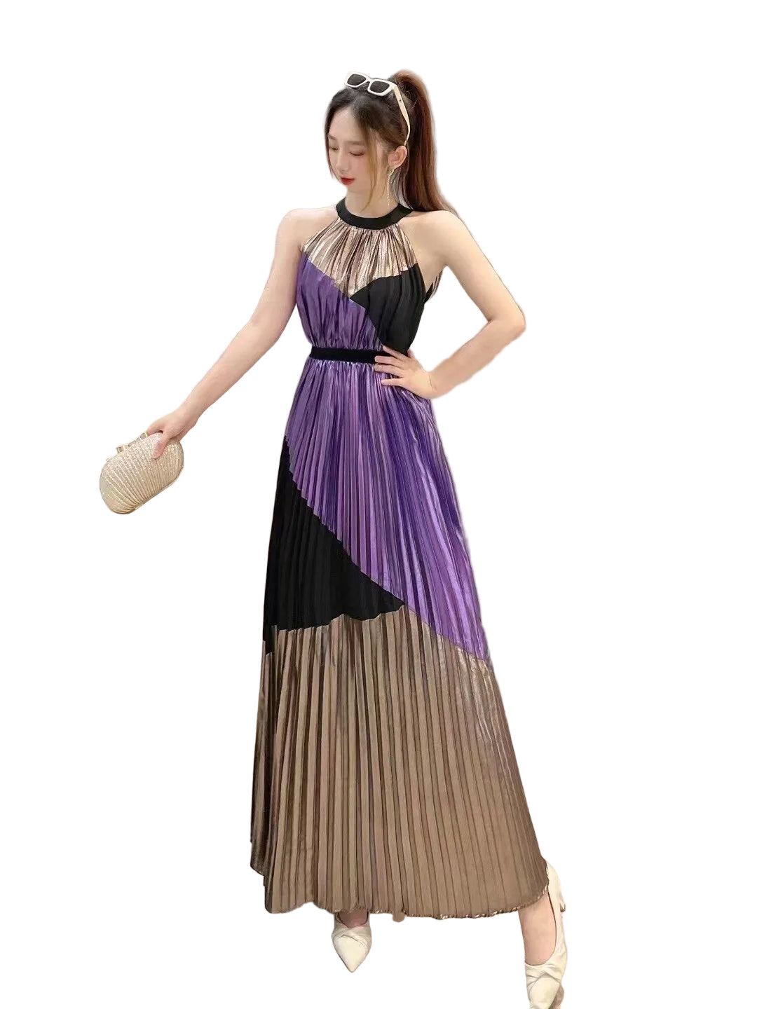 Women Halter Pleated Long Dress