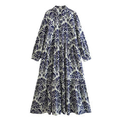 Woman Vintage Lapel Front Button Ruffle Dress