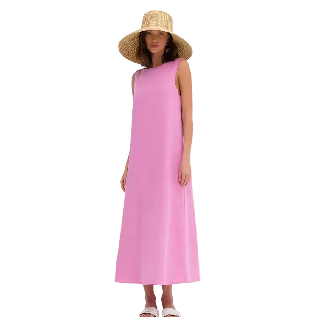 Women French Loose Cotton Linen A-Line Dress
