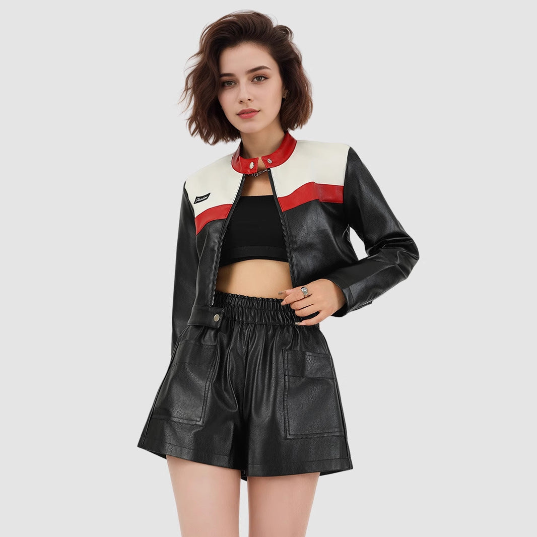 Women Biker Leather PU Splicing Short Jacket