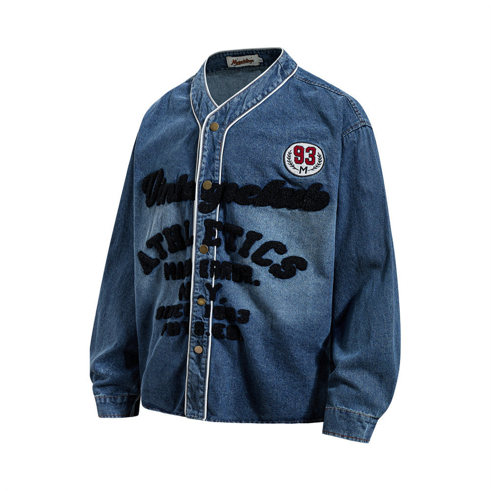 Men Vintage Baseball Denim Shirt