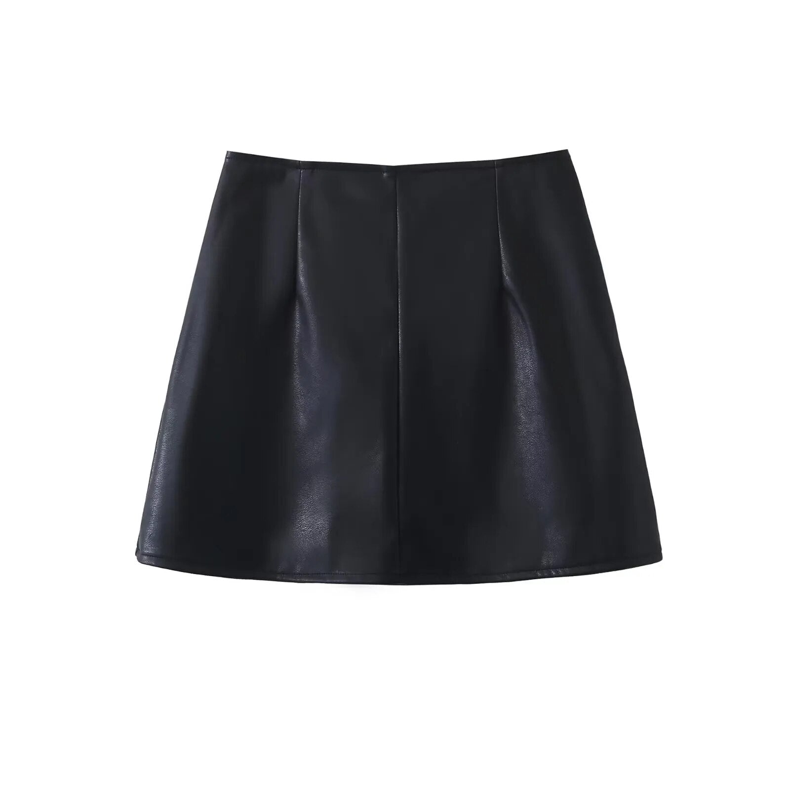 Women Faux Leather Cropped Jacket + Button Mini Skirt Suit