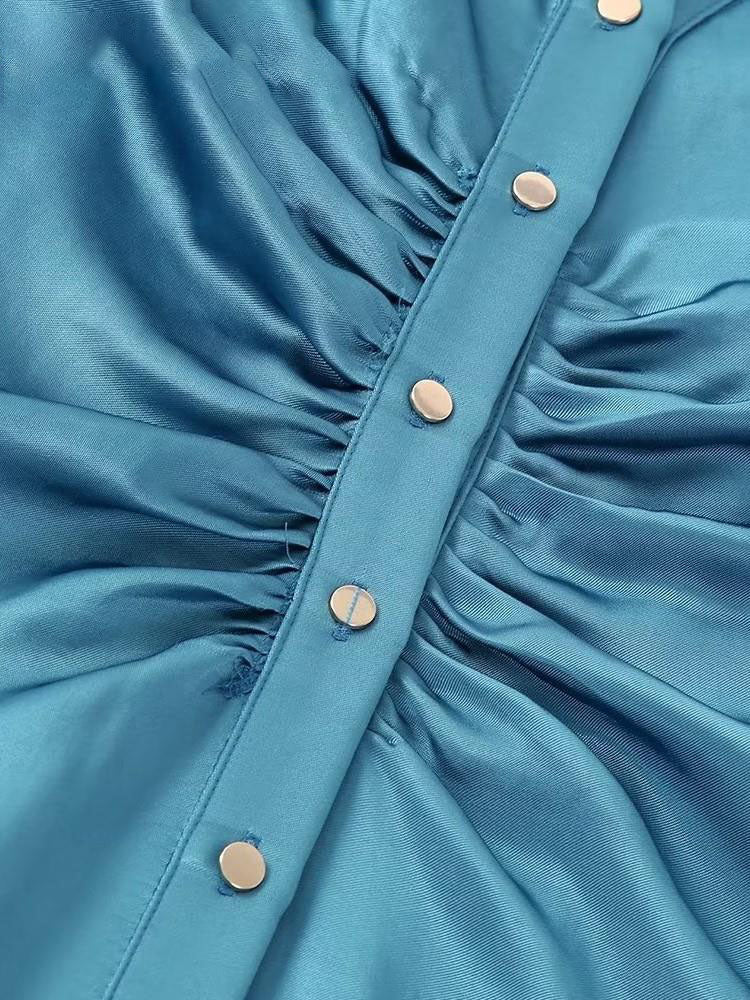 Women Casual Long Sleeve Button-Up Satin Dress