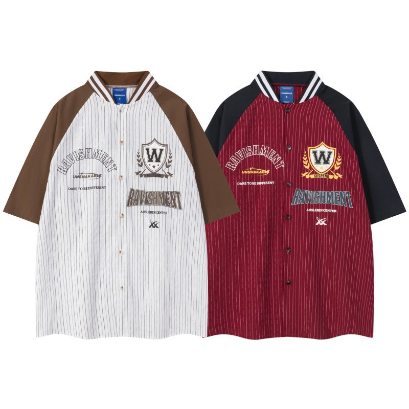 Men Sports Badge Baseball Collared Striped Shirt