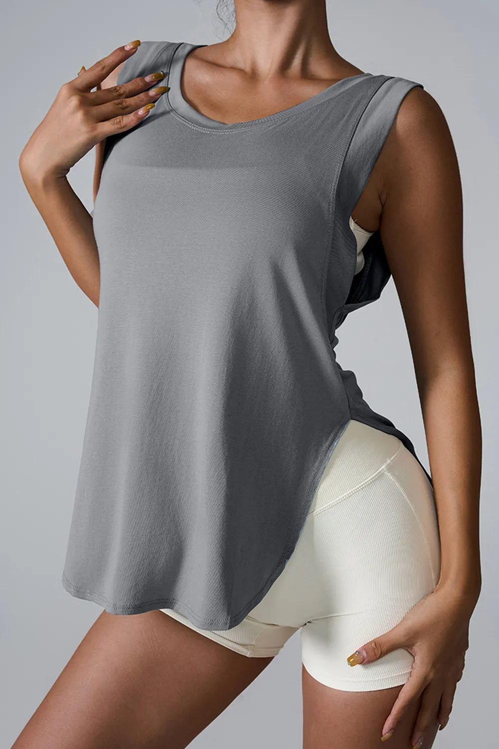 Women Slit Round Neck Sleeveless Shirts