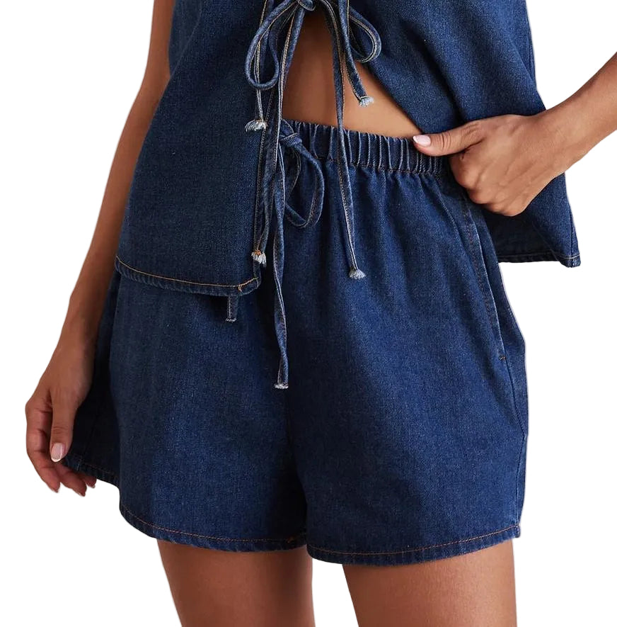 Women Casual Denim Sleeveless Lace Up Vest + Shorts Set