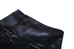 Women Faux Leather Cropped Jacket + Button Mini Skirt Suit