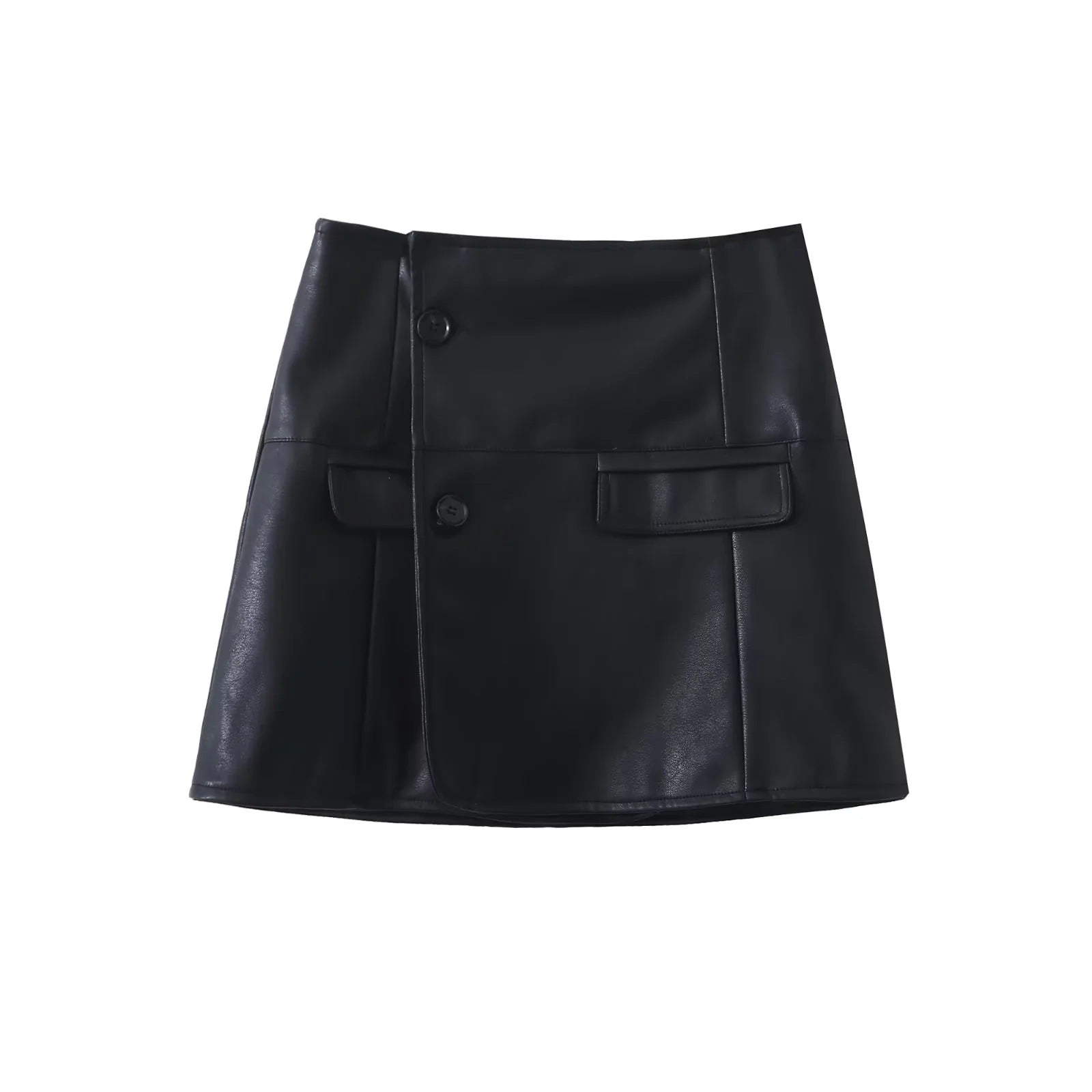 Women Faux Leather Cropped Jacket + Button Mini Skirt Suit