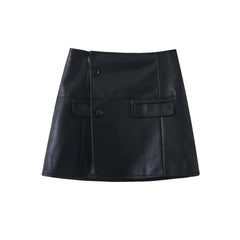 Women Faux Leather Cropped Jacket + Button Mini Skirt Suit