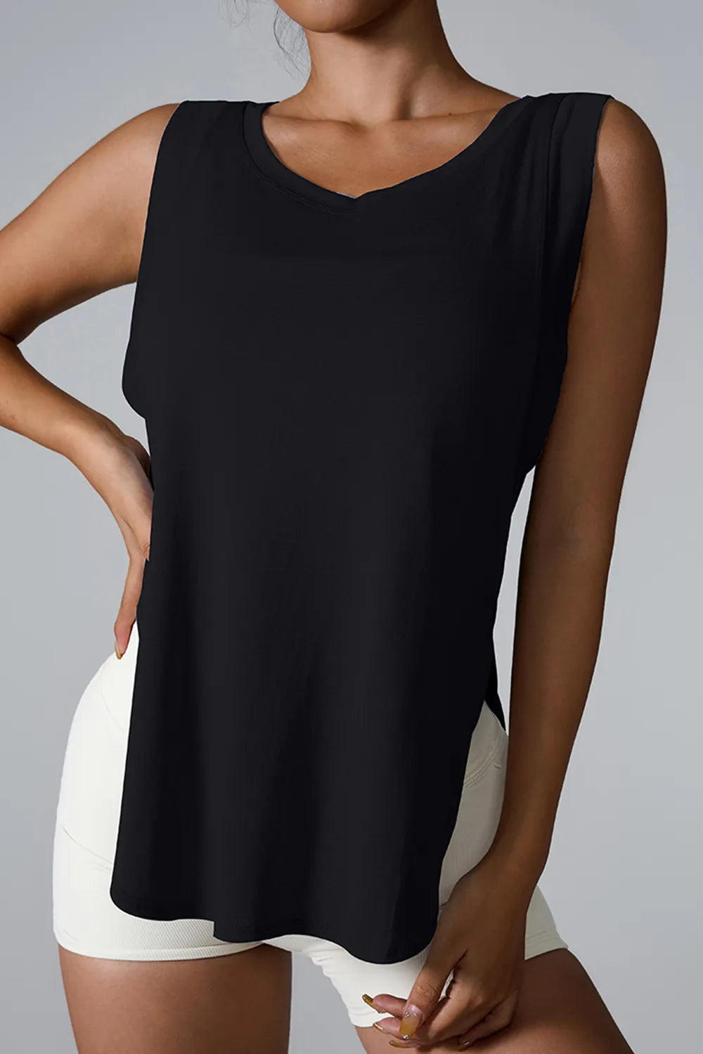 Women Slit Round Neck Sleeveless Shirts