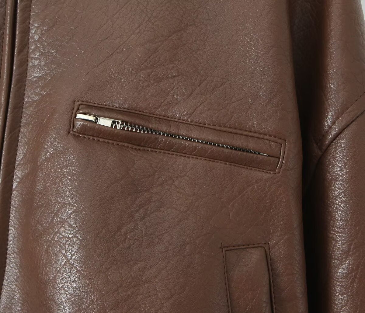 Women Casual Leather Pilot Long Sleeve Jacket