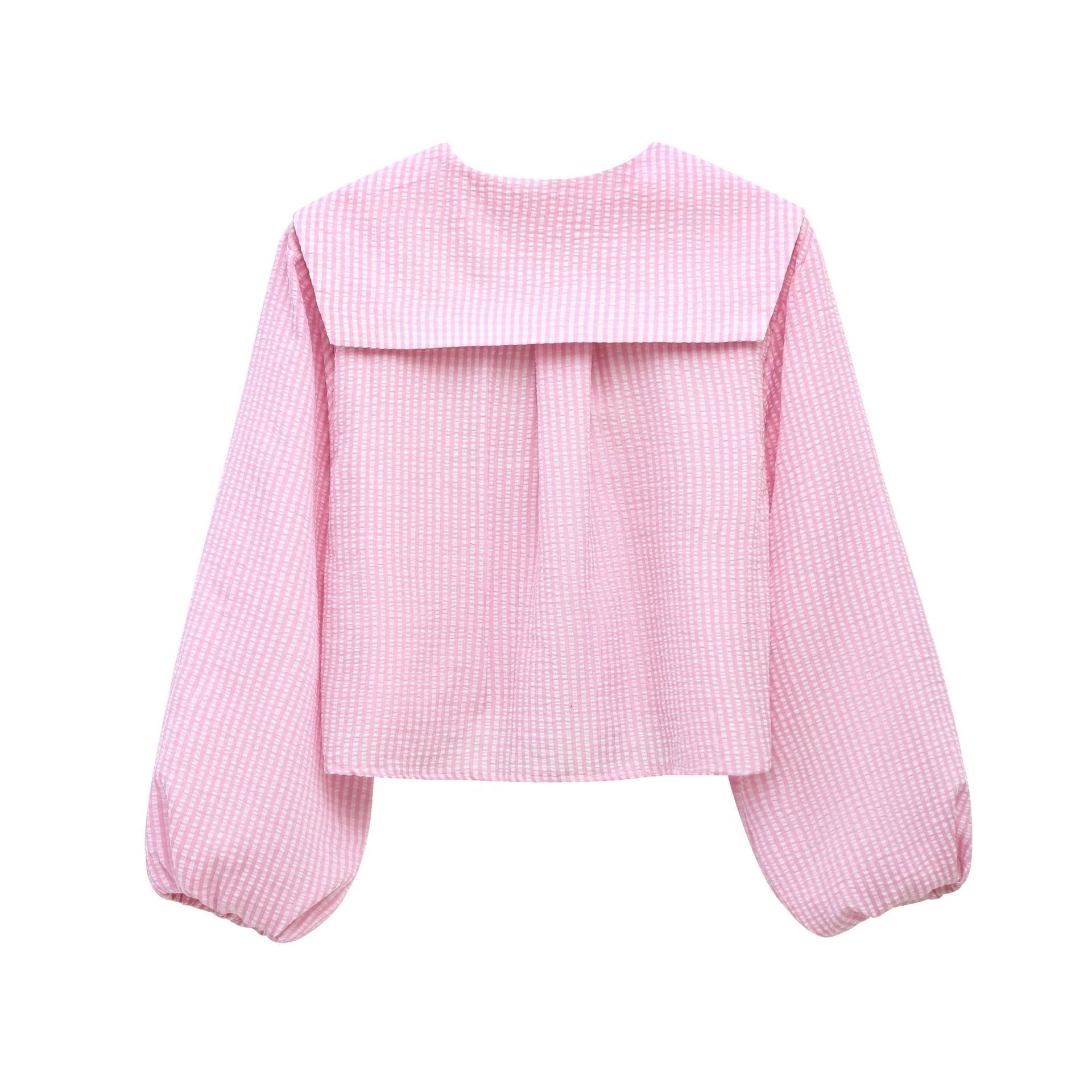 Women Casual Collared Checkered Short Shirt Top