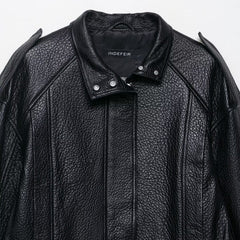 Unisex Leather Flip Collar Bomber Jacket