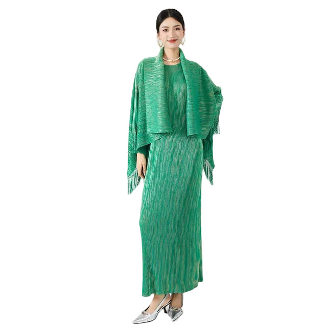 Women Elegant Tassel Shawl Sleeveless Long Dress 2 Piece Set