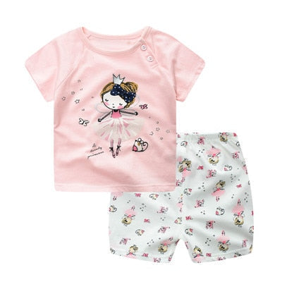 Kids Baby Unisex  Cotton Cartoon Short Sleeve Tees + Shorts Sets