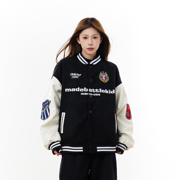 Women Leather Patchwork Contrasting Baseball Jacket
