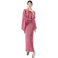 Women Elegant Tassel Shawl Sleeveless Long Dress 2 Piece Set