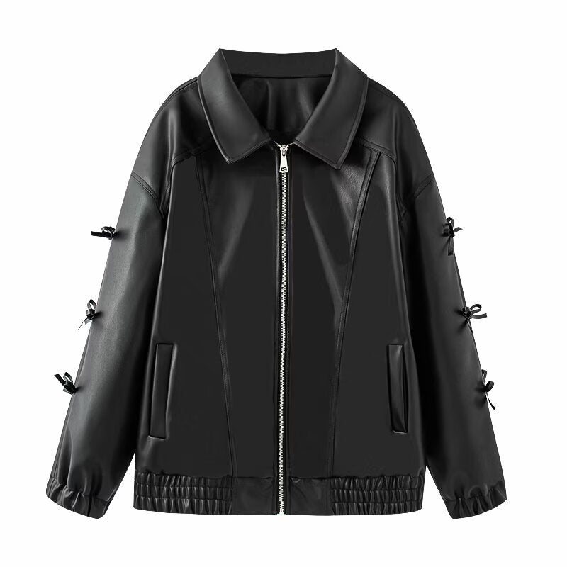 Women Bow Leather Street Niche Jacket
