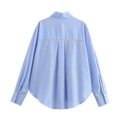 Women Casual Button Embellished Striped Poplin Shirt