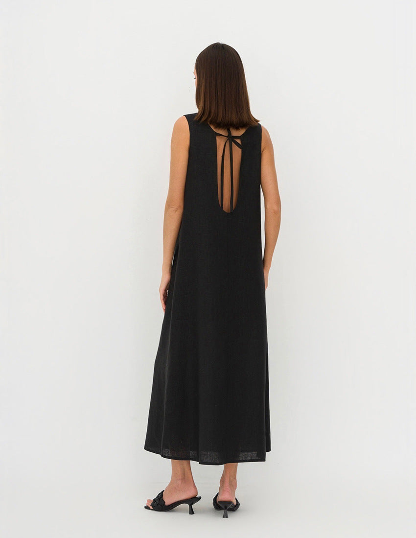 Women French Loose Cotton Linen A-Line Dress