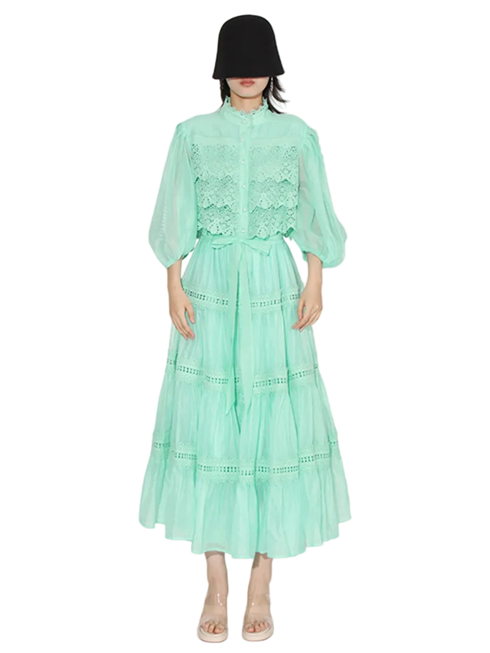 Women Embroidery Single Breasted Spliced Lace Up Dress