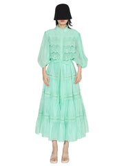 Women Embroidery Single Breasted Spliced Lace Up Dress