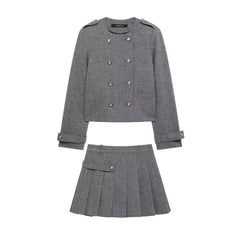 Women Breasted Jacket & Wide Pleated Short Skirt Co Ords