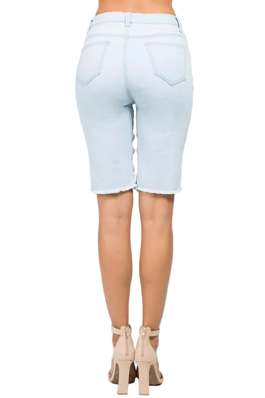 Women Cutoff Denim Bermuda Shorts with Chain