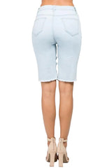 Women Cutoff Denim Bermuda Shorts with Chain