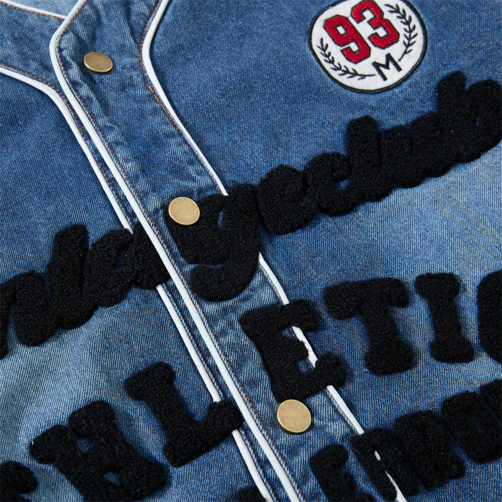 Men Vintage Baseball Denim Shirt