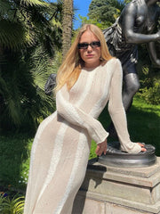 Women Knitted  O Neck Long Sleeve Sweater Dress