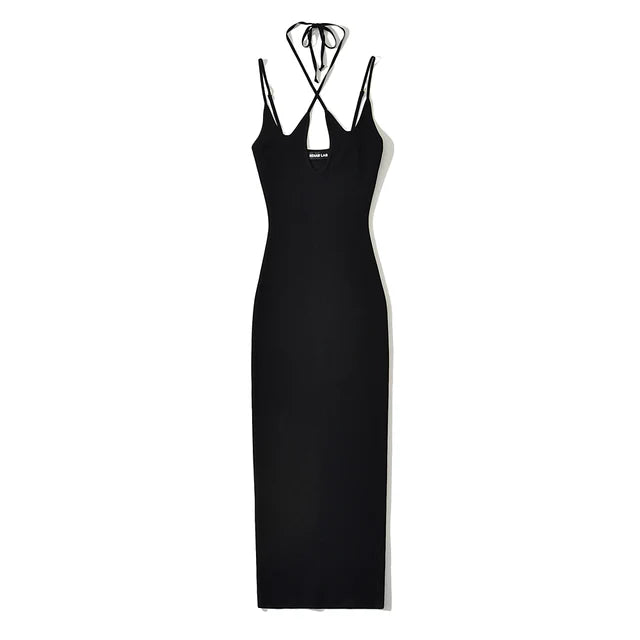 Women Sleeveless Knitted Cross Halter Midi Dress