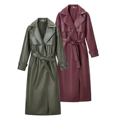 Women Commuting Style Long Leather Jacket