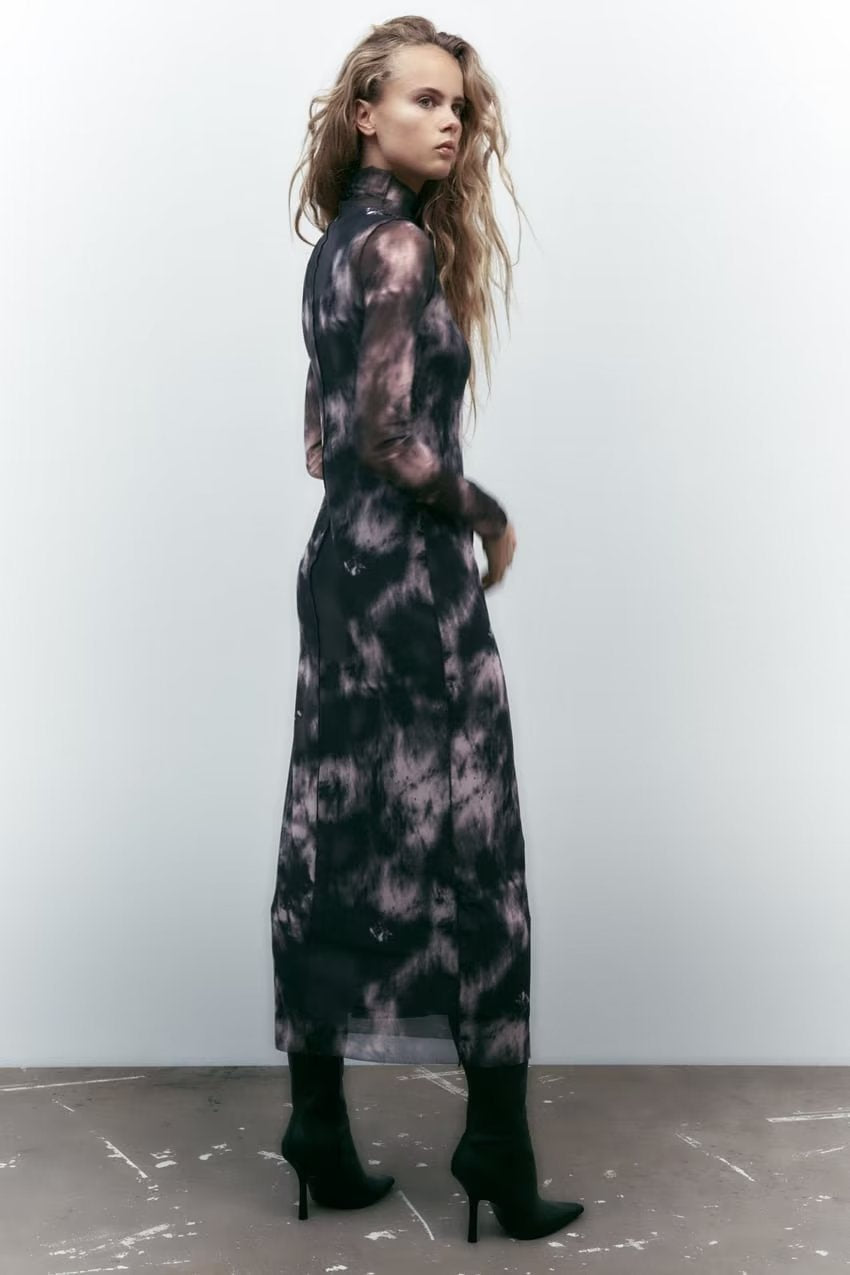 Women Elegant Tulle Long Sleeve Turtleneck Dress