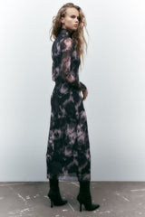 Women Elegant Tulle Long Sleeve Turtleneck Dress